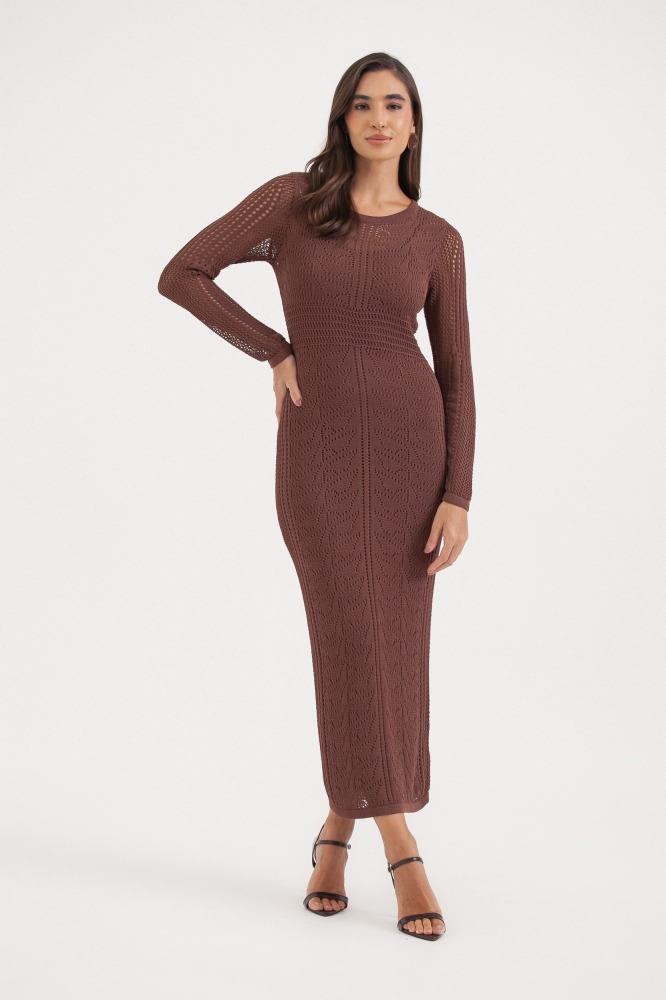 9037684 - Vestido Tricot Manga Longa Ponto Telado MARROM