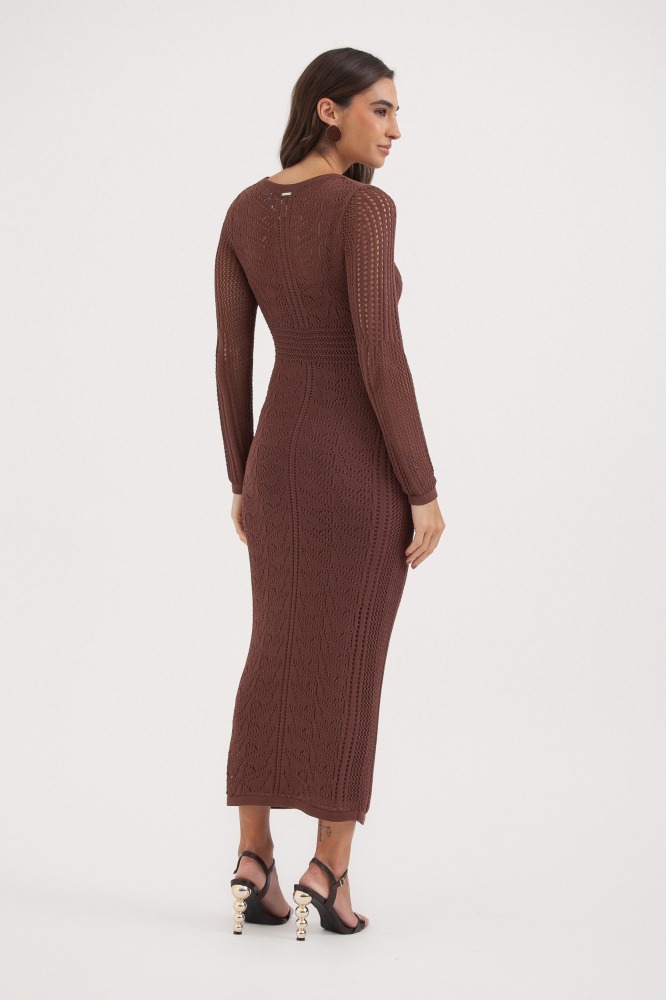 9037684 - Vestido Tricot Manga Longa Ponto Telado MARROM
