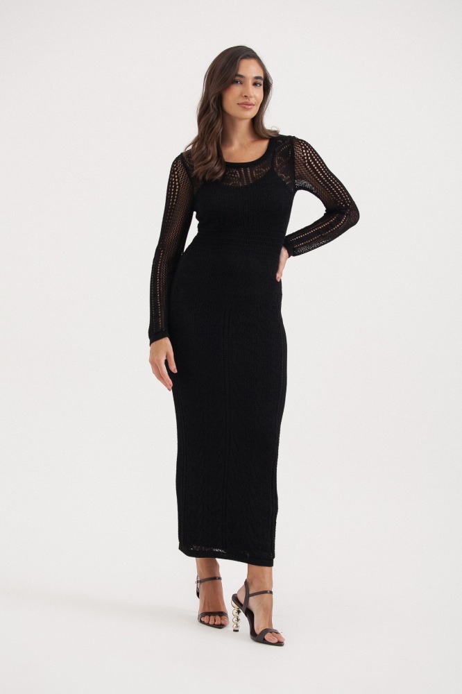 9037684 - Vestido Tricot Manga Longa Ponto Telado PRETO 9037684 - Vestido Tricot Manga Longa Ponto Telado PRETO