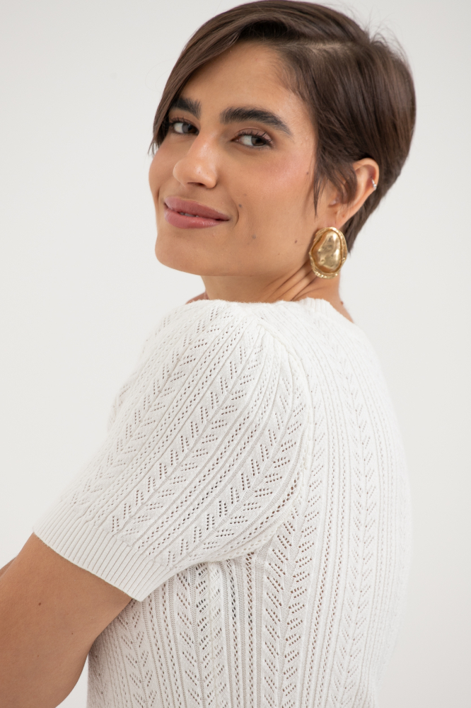 9037687 - Blusa Tricot Manga Curta Ponto Desenhado BRANCO 9037687 - Blusa Tricot Manga Curta Ponto Desenhado BRANCO