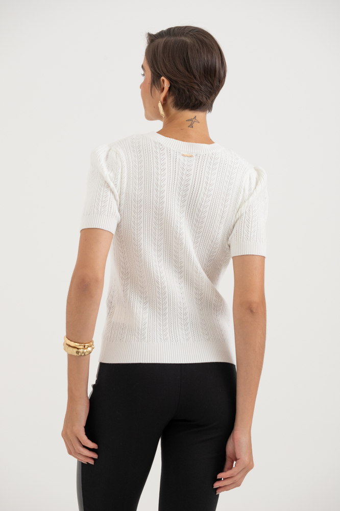 9037687 - Blusa Tricot Manga Curta Ponto Desenhado BRANCO 9037687 - Blusa Tricot Manga Curta Ponto Desenhado BRANCO