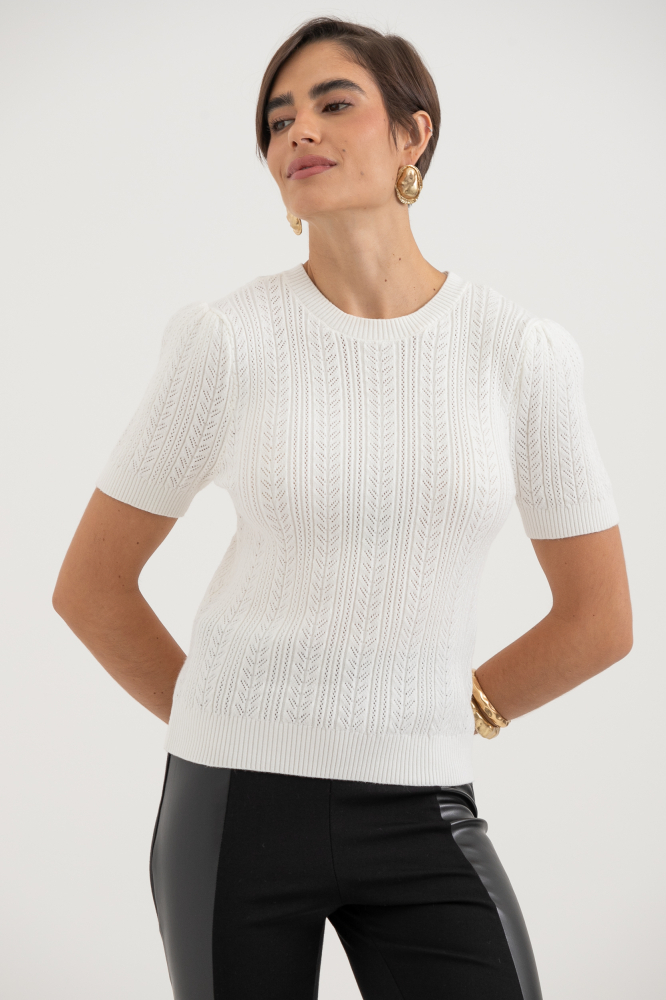 9037687 - Blusa Tricot Manga Curta Ponto Desenhado BRANCO 9037687 - Blusa Tricot Manga Curta Ponto Desenhado BRANCO