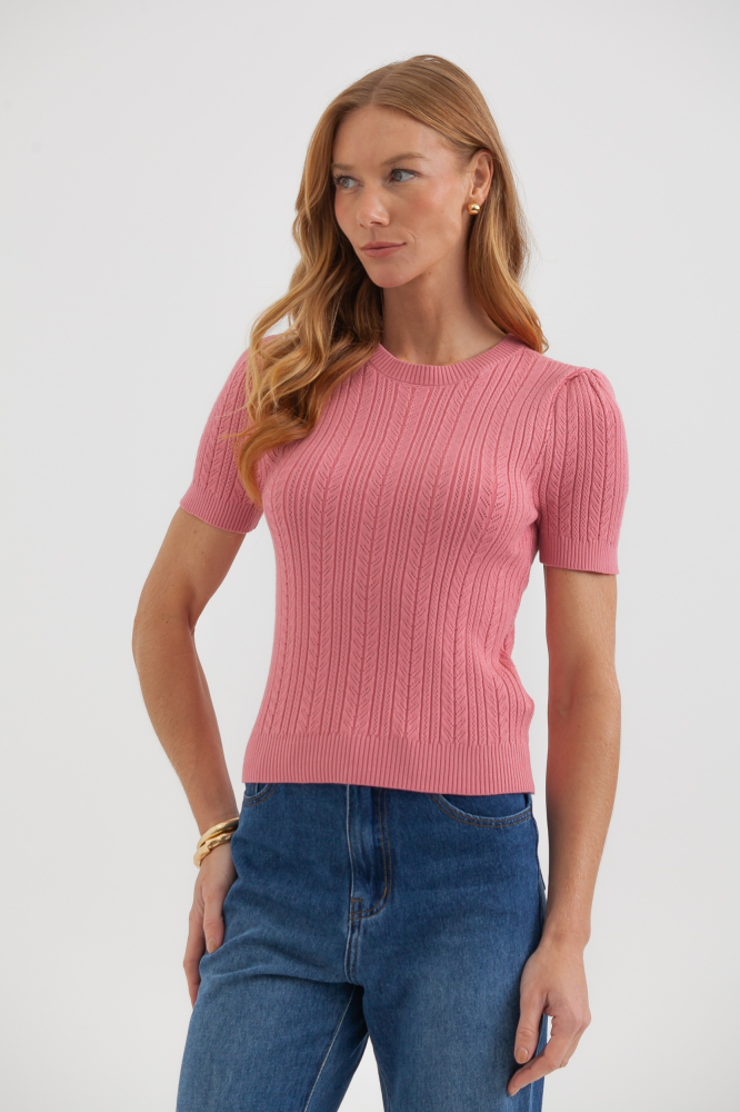 9037687 - Blusa Tricot Manga Curta Ponto Desenhado ROSÊ 9037687 - Blusa Tricot Manga Curta Ponto Desenhado ROSÊ