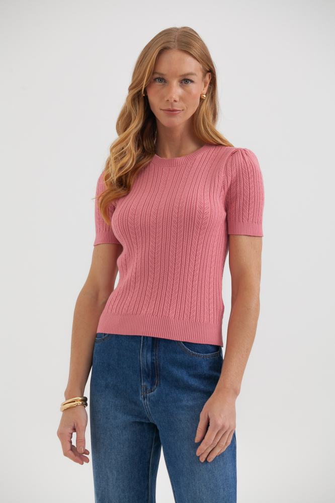 9037687 - Blusa Tricot Manga Curta Ponto Desenhado ROSÊ 9037687 - Blusa Tricot Manga Curta Ponto Desenhado ROSÊ