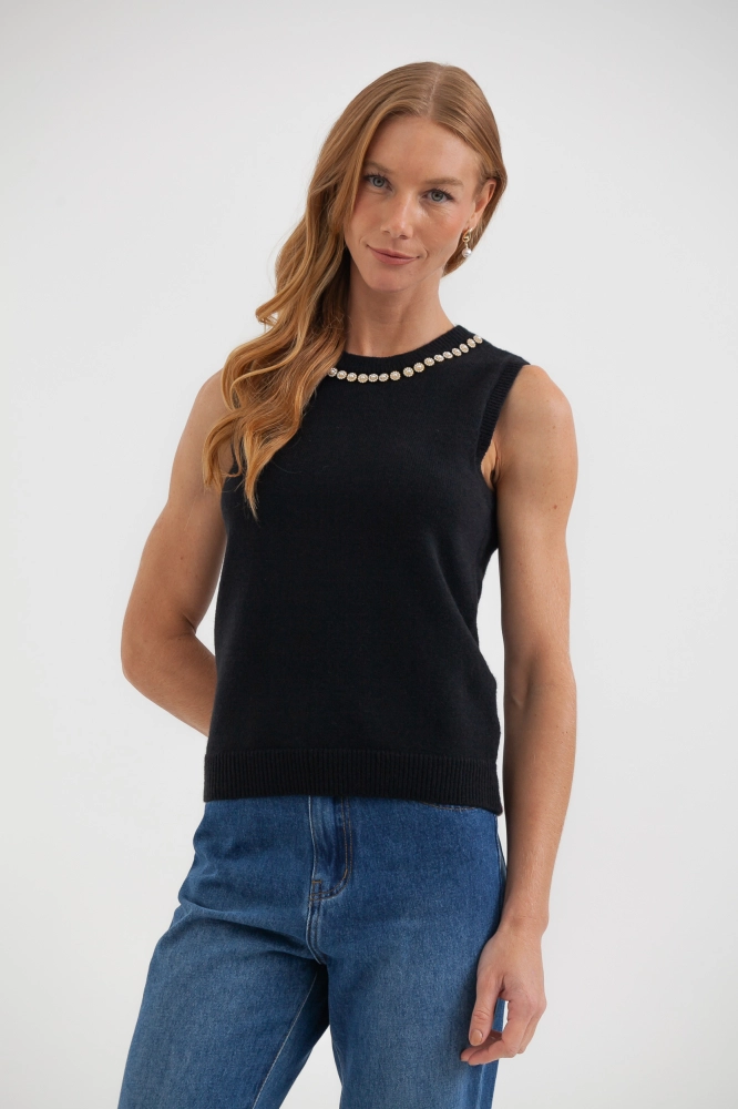 9037691 - Blusa Regata Tricot Aplicação Pérolas PRETO 9037691 - Blusa Regata Tricot Aplicação Pérolas PRETO - Imagem 1