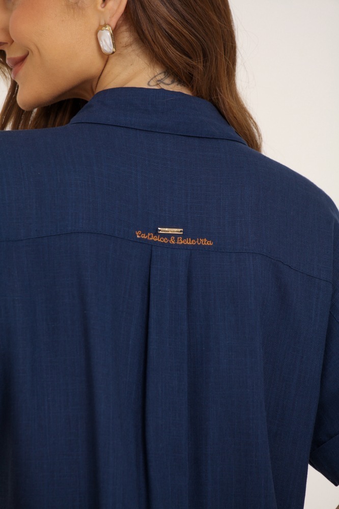 9037694 - Camisa De Linho Manga Barra Italiana MARINHO 