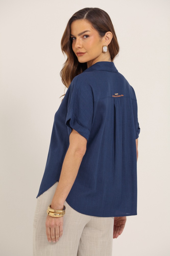 9037694 - Camisa De Linho Manga Barra Italiana MARINHO 