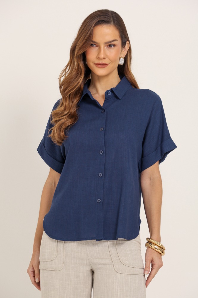 9037694 - Camisa De Linho Manga Barra Italiana MARINHO 