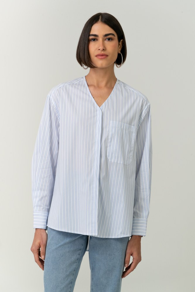 9037701 - Camisa Listrada Gola Laço AZUL 9037701 - Camisa Listrada Gola Laço AZUL