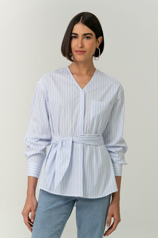 9037701 - Camisa Listrada Gola Laço AZUL 9037701 - Camisa Listrada Gola Laço AZUL