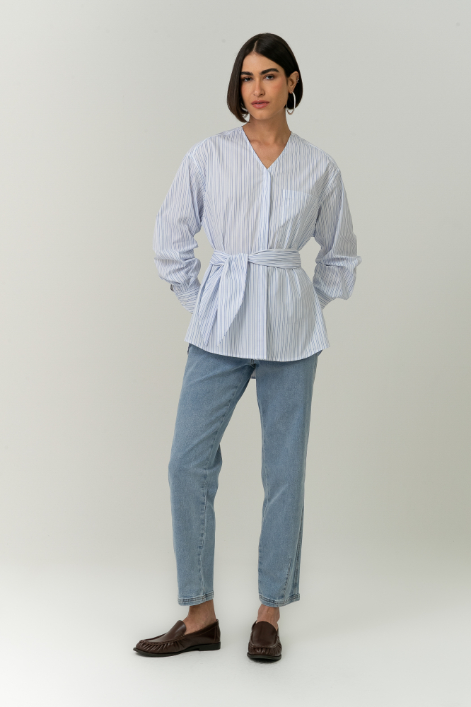 9037701 - Camisa Listrada Gola Laço AZUL 9037701 - Camisa Listrada Gola Laço AZUL