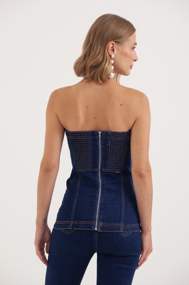 9037721 - Blusa Jeans Sem Alça Botões Diagonais JEANS 9037721 - Blusa Jeans Sem Alça Botões Diagonais JEANS