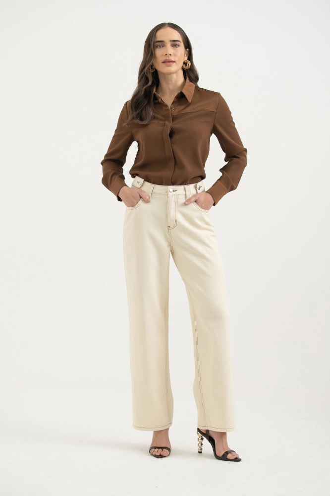 9037723 - Calça Sarja Com Martigales Cós BEGE 9037723 - Calça Sarja Com Martigales Cós BEGE - Imagem 1