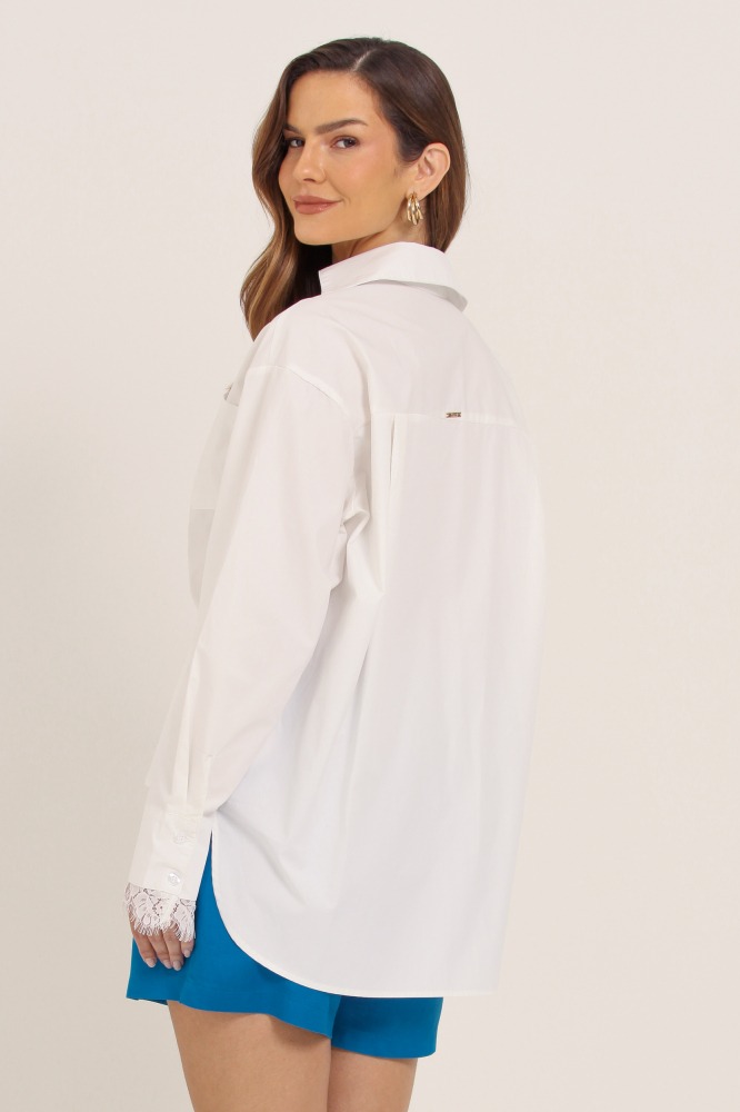 9037731 - Camisa Manga Longa Decote E Punho De Renda  OFF-WHITE