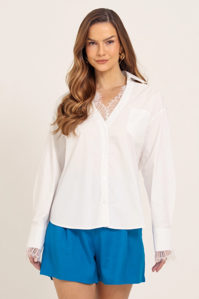 9037731 - Camisa Manga Longa Decote E Punho De Renda  OFF-WHITE