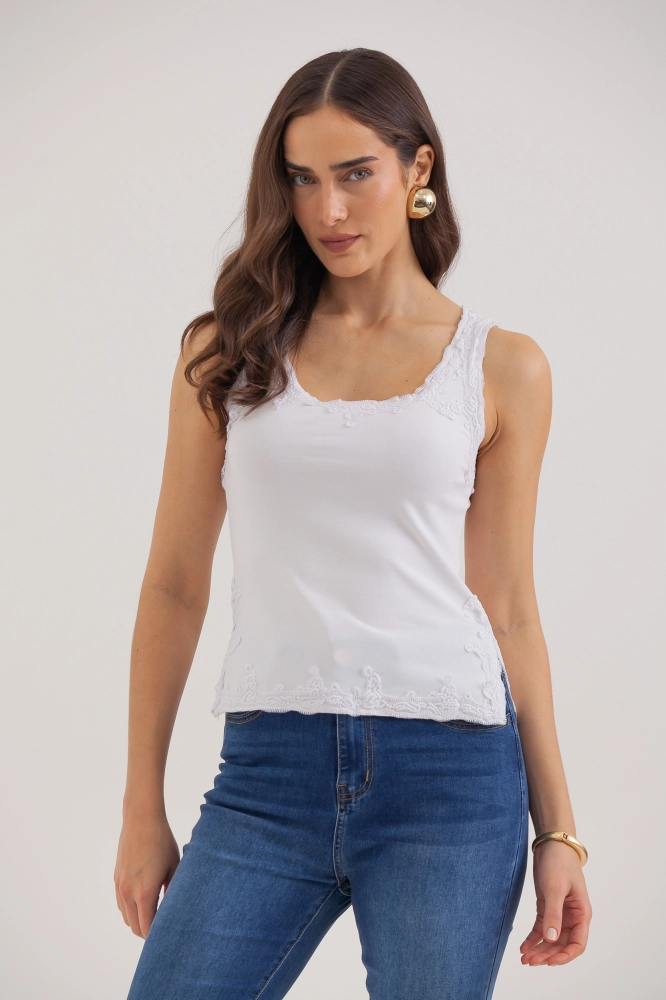 9037749 - Regata Renda Decote Barra E Cava OFF-WHITE 9037749 - Regata Renda Decote Barra E Cava OFF-WHITE - Imagem 1