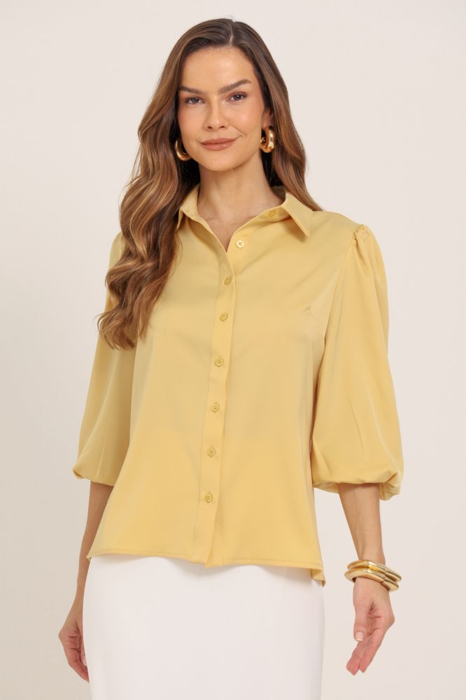 9037755 - Camisa Manga 7/8 Bufante Acetinada  AMARELO