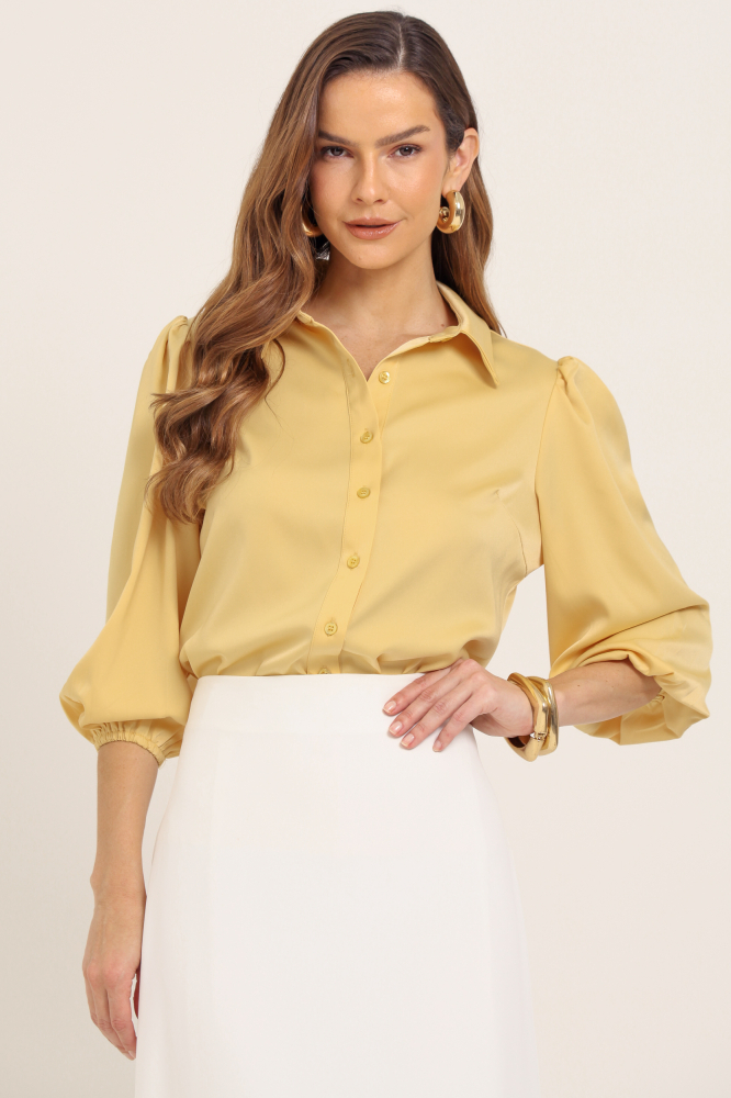 9037755 - Camisa Manga 7/8 Bufante Acetinada  AMARELO