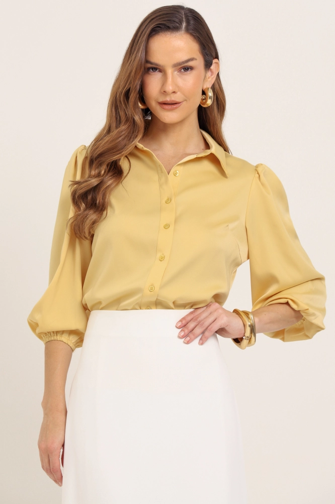 9037755 - Camisa Manga 7/8 Bufante Acetinada  AMARELO