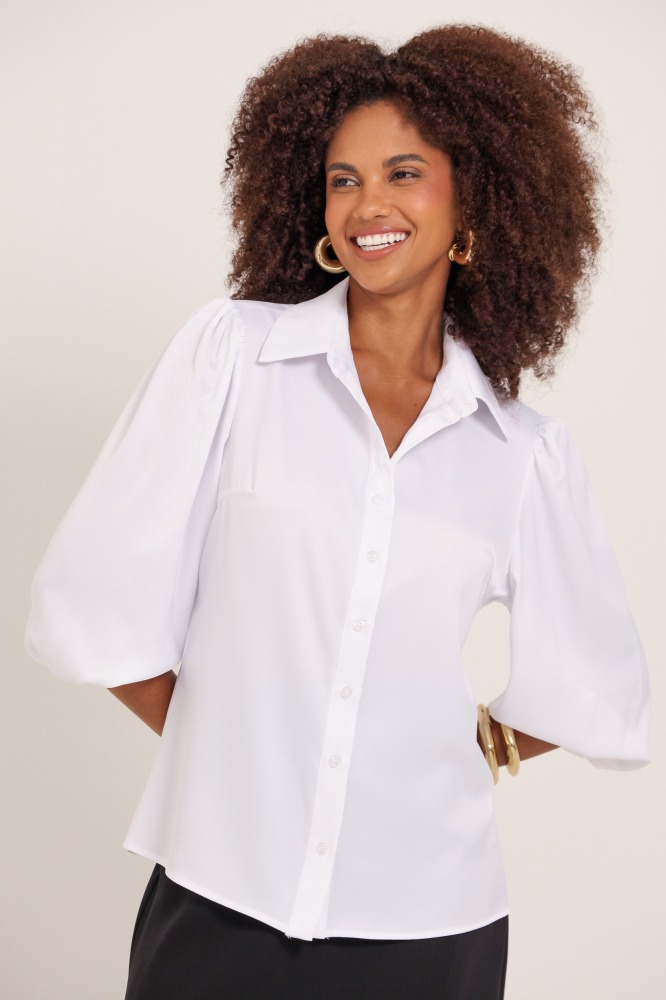 9037755 - Camisa Manga 7/8 Bufante Acetinada  BRANCO