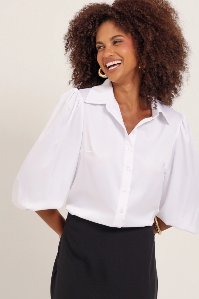 9037755 - Camisa Manga 7/8 Bufante Acetinada  BRANCO