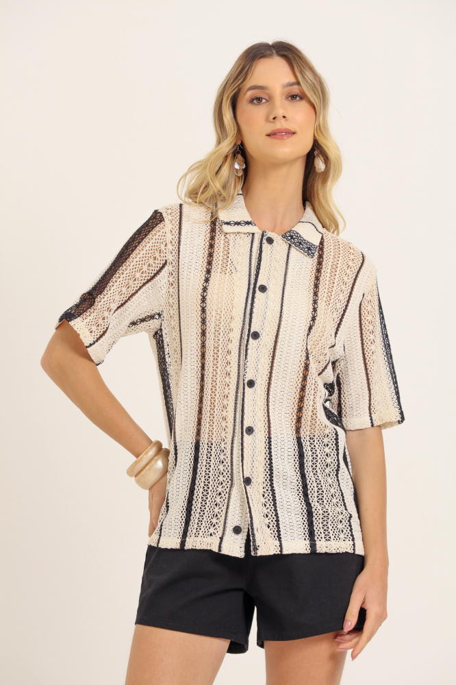9037788 - Camisa Crochê Faixas AREIA
