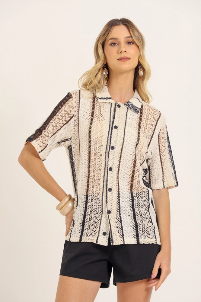 9037788 - Camisa Crochê Faixas AREIA 9037788 - Camisa Crochê Faixas AREIA - Imagem 1