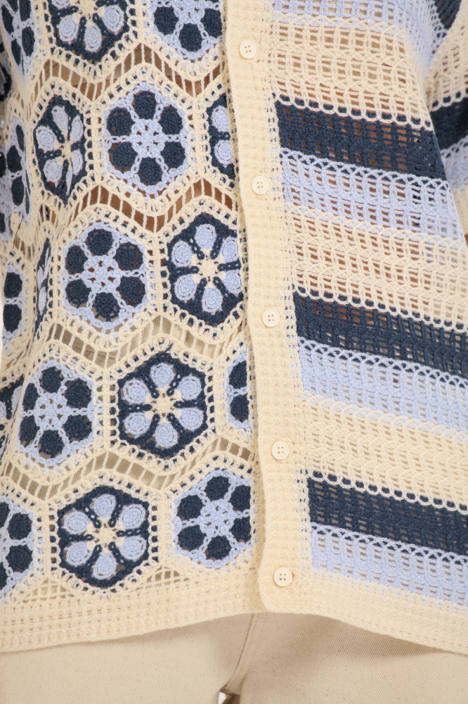 9037789 - Camisa Crochê Flores E Listras AZUL