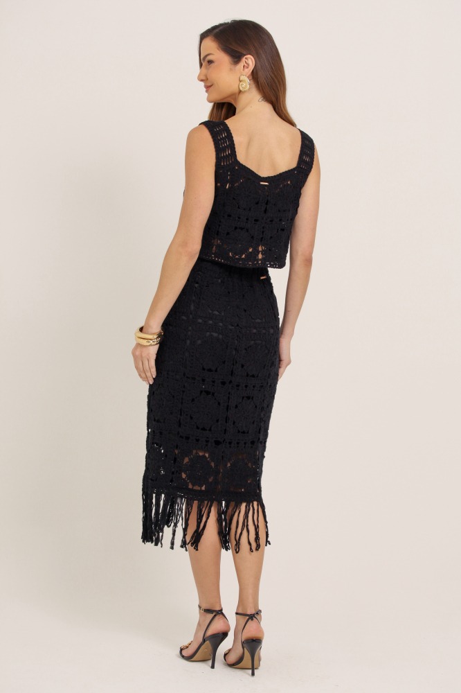 9037794 - Saia Crochê Quadrado e Franjas PRETO