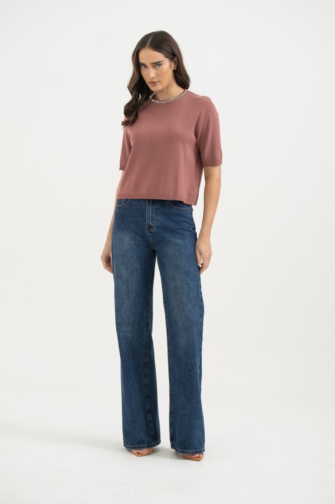 9038196 - Blusa Tricot Brilhos Decote MARROM 9038196 - Blusa Tricot Brilhos Decote MARROM