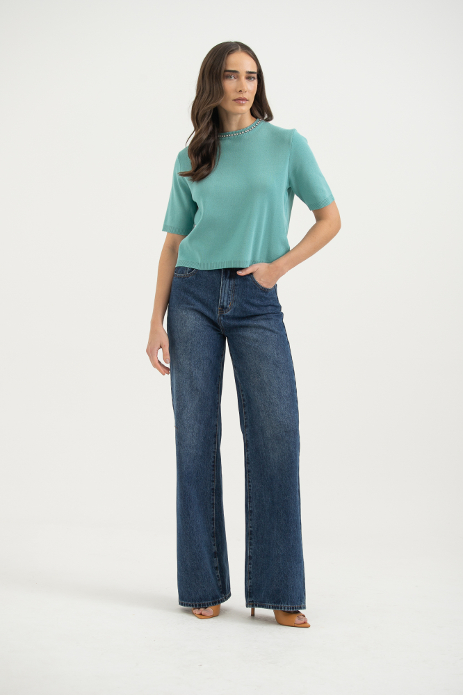 9038196 - Blusa Tricot Brilhos Decote TURQUESA 9038196 - Blusa Tricot Brilhos Decote TURQUESA