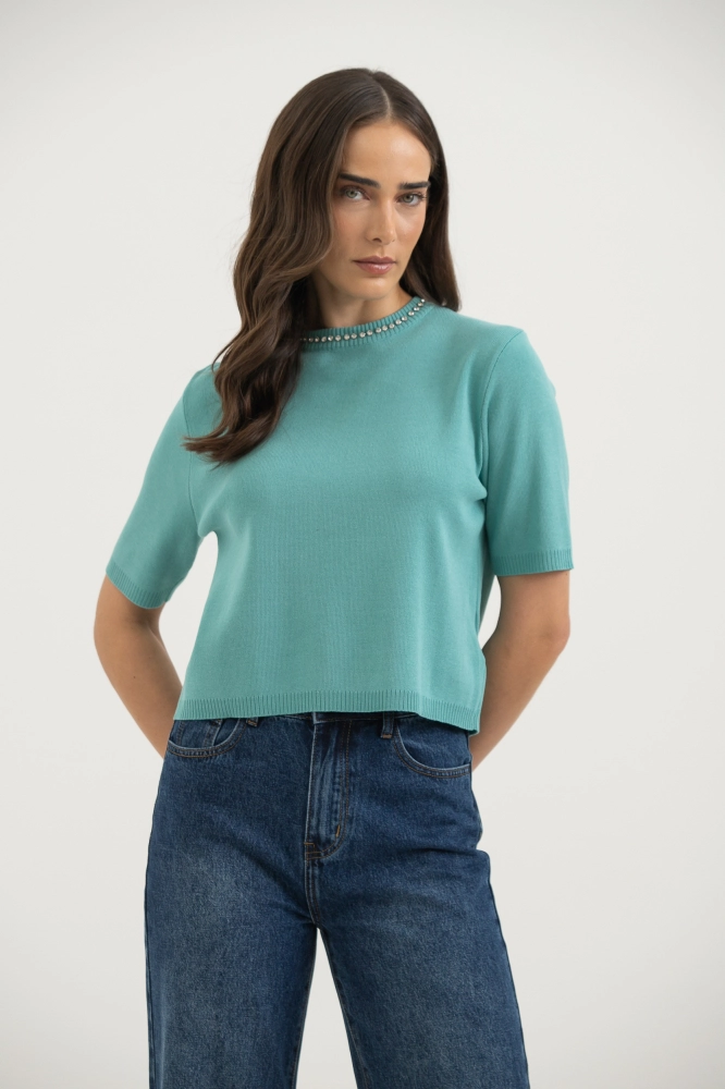 9038196 - Blusa Tricot Brilhos Decote TURQUESA 9038196 - Blusa Tricot Brilhos Decote TURQUESA - Imagem 2