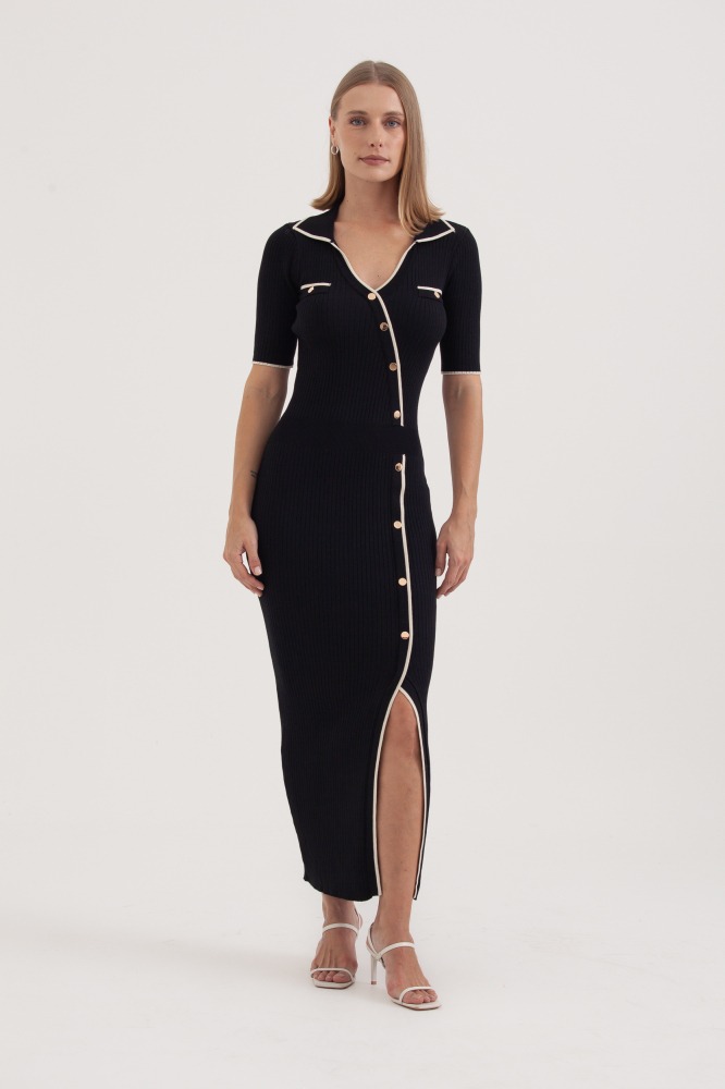 9038197 - Vestido Tricot Bicolor Botões PRETO 9038197 - Vestido Tricot Bicolor Botões PRETO