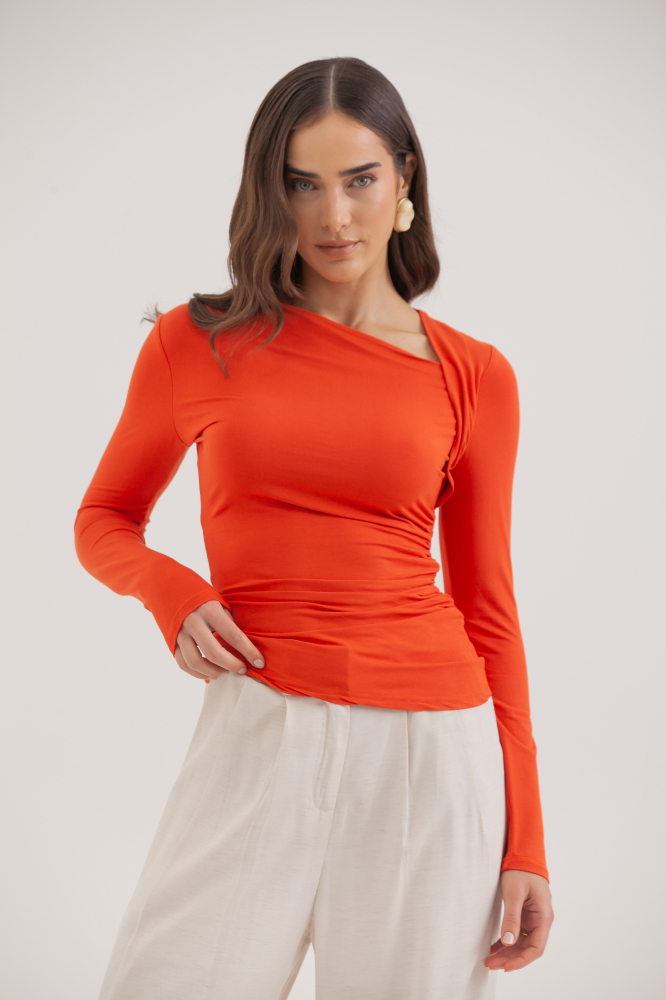 9038257 - Blusa Malha Manga Longa Decote Assimétrico LARANJA 9038257 - Blusa Malha Manga Longa Decote Assimétrico LARANJA