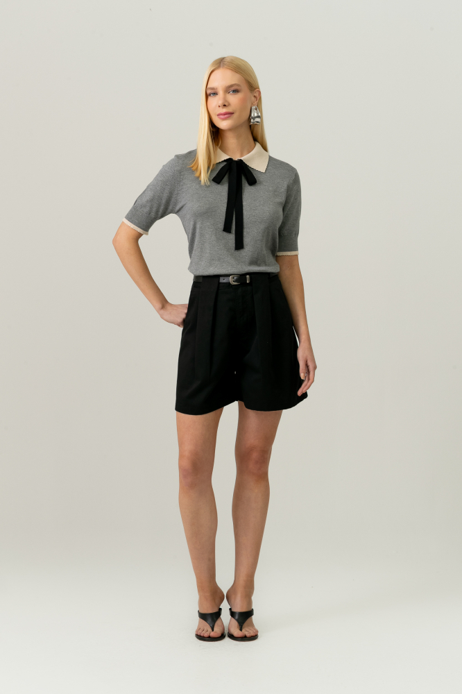 9038292 - Shorts Sarja Com Pregas E Cinto PRETO
