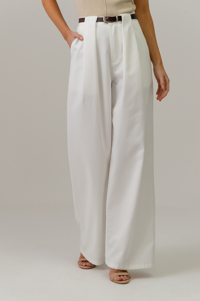 9038293 - Calça Sarja Com Pregas E Cinto OFF-WHITE