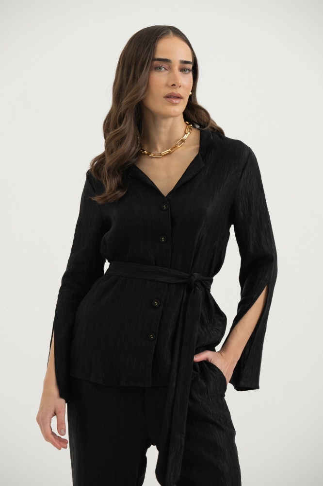 9038299 - Camisa Manga Longa Tecido Amassadinho Com Faixa PRETO - Imagem 1