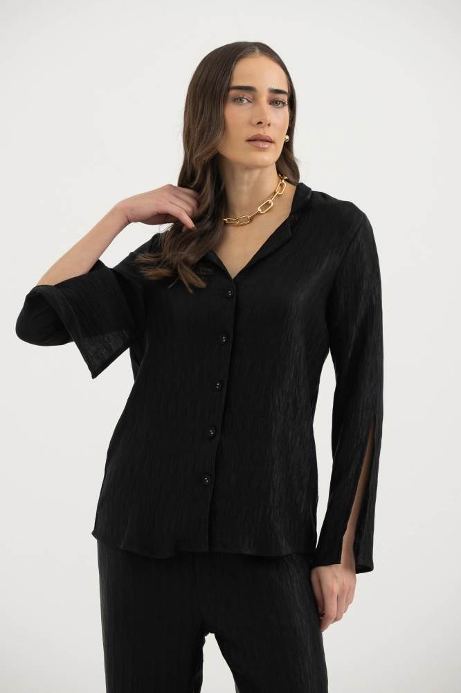 9038299 - Camisa Manga Longa Tecido Amassadinho Com Faixa PRETO - Imagem 2