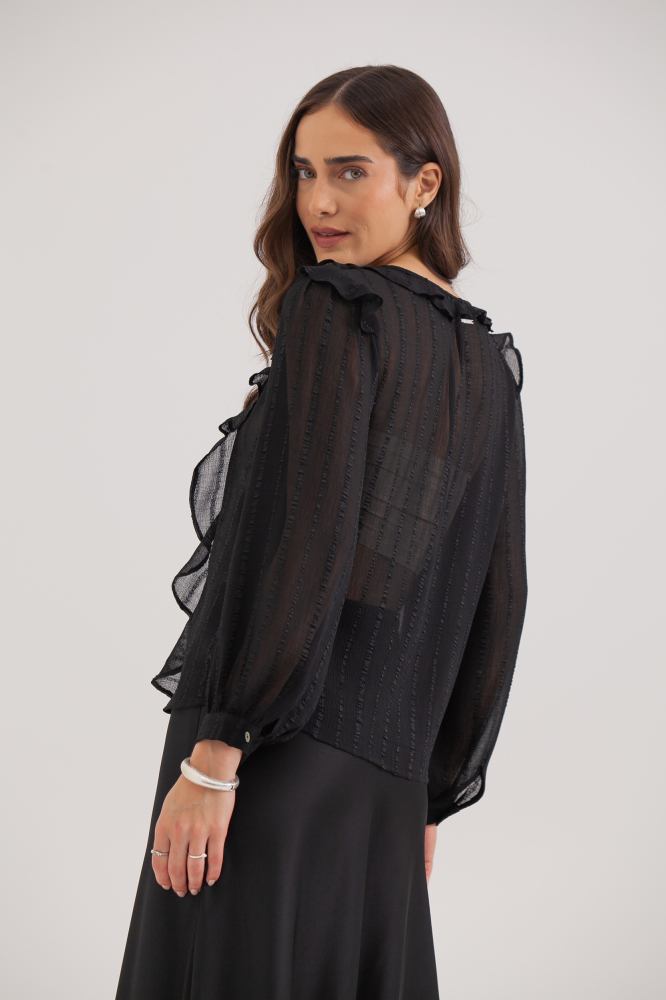 9038302 - Blusa Manga Longa Babados PRETO 9038302 - Blusa Manga Longa Babados PRETO