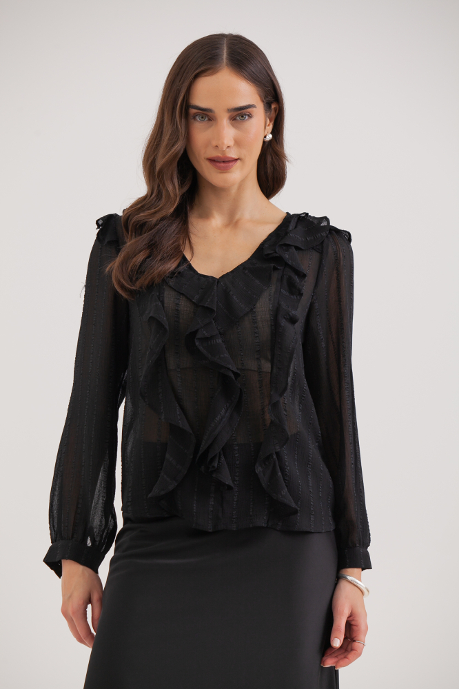 9038302 - Blusa Manga Longa Babados PRETO 9038302 - Blusa Manga Longa Babados PRETO
