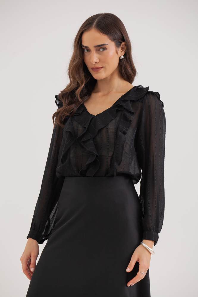 9038302 - Blusa Manga Longa Babados PRETO 9038302 - Blusa Manga Longa Babados PRETO