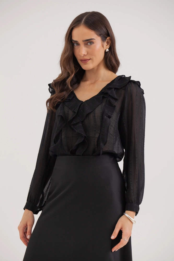 9038302 - Blusa Manga Longa Babados PRETO - Imagem 1