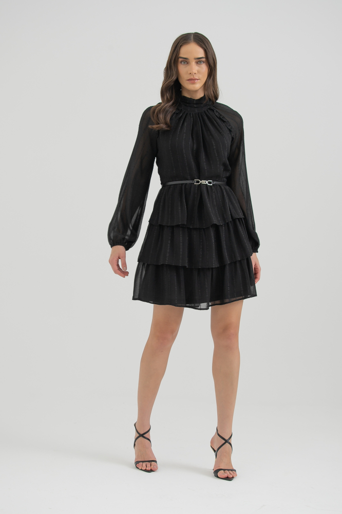 9038303 - Vestido Curto Manga Longa Com Babados PRETO