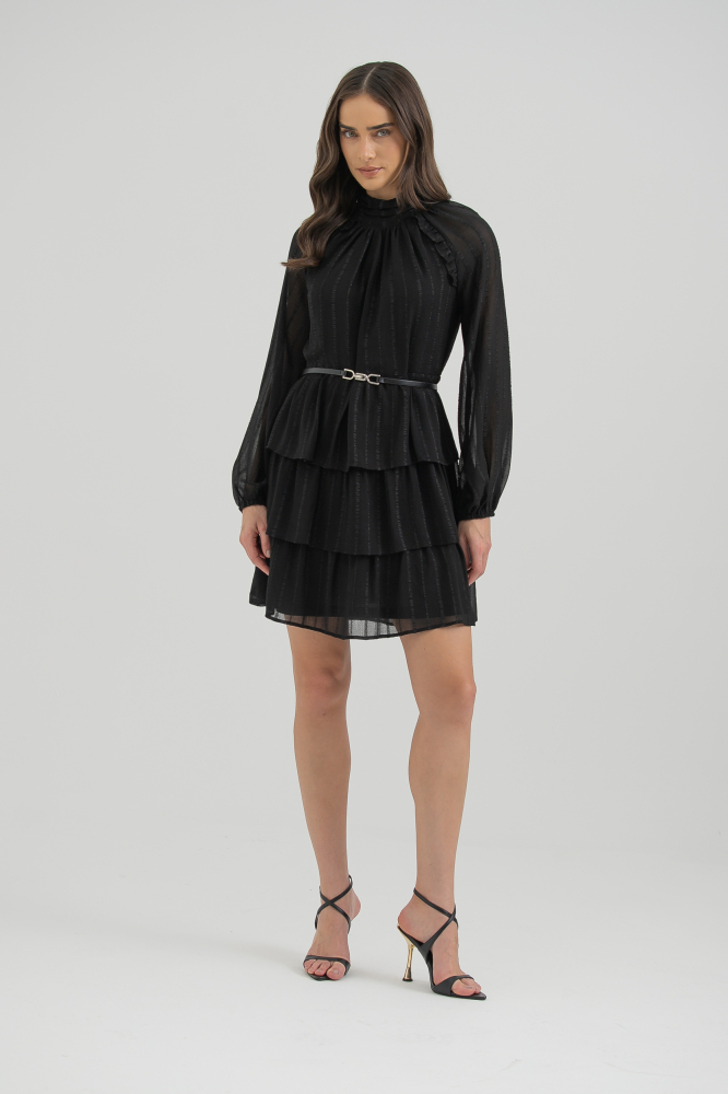9038303 - Vestido Curto Manga Longa Com Babados PRETO