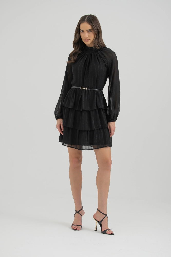 9038303 - Vestido Curto Manga Longa Com Babados PRETO 9038303 - Vestido Curto Manga Longa Com Babados PRETO - Imagem 1