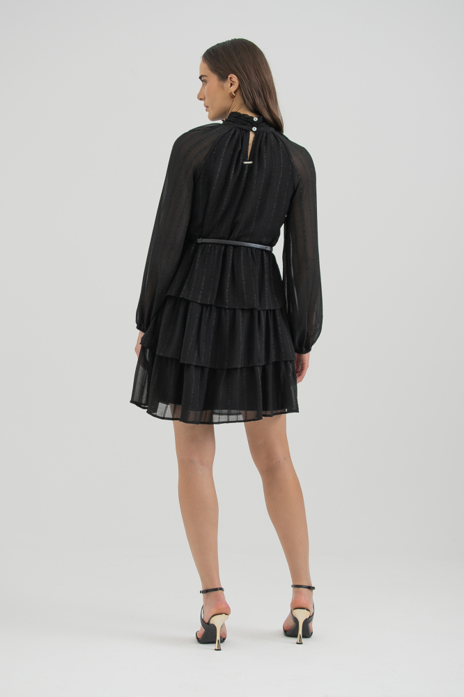 9038303 - Vestido Curto Manga Longa Com Babados PRETO