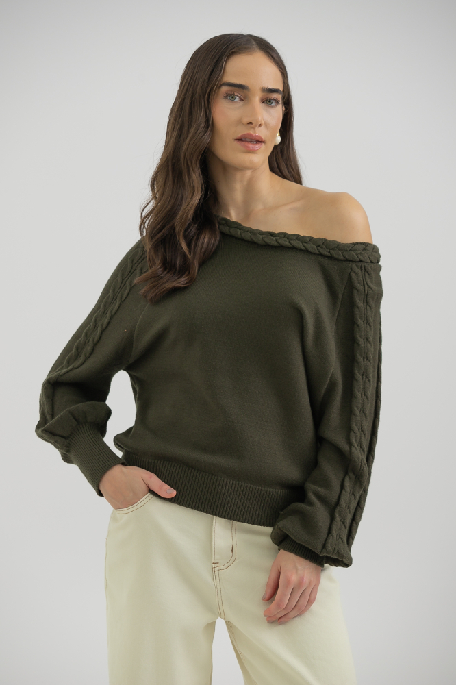 9038321 - Blusa Tricot Manga Longa Tranças  VERDE 