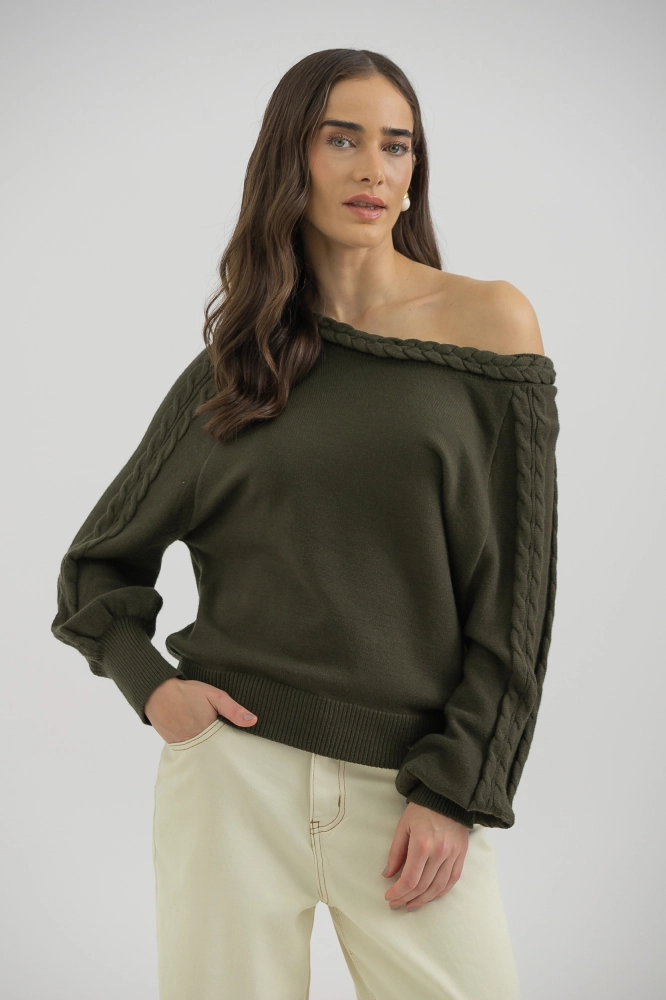9038321 - Blusa Tricot Manga Longa Tranças  VERDE  - Imagem 1