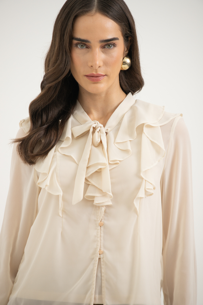 9038335 - Camisa Chiffon Babados Manga Longa AREIA 9038335 - Camisa Chiffon Babados Manga Longa AREIA