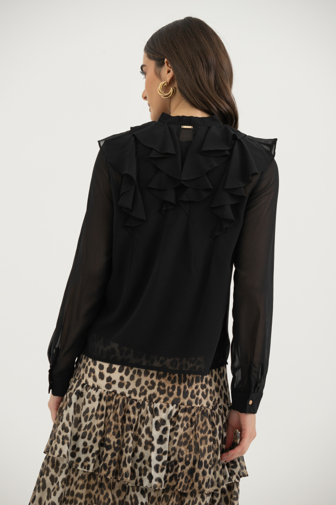 9038335 - Camisa Chiffon Babados Manga Longa PRETO 9038335 - Camisa Chiffon Babados Manga Longa PRETO